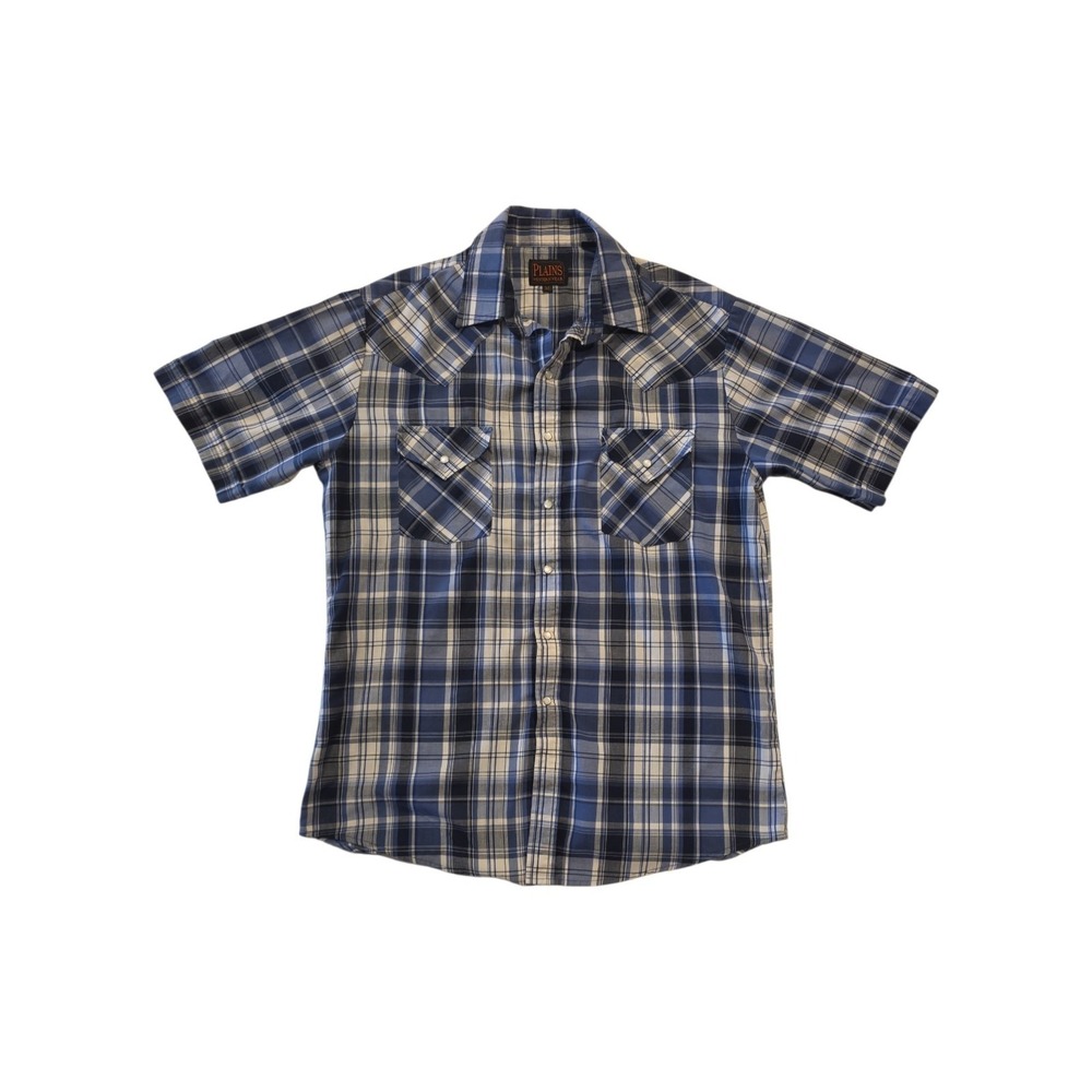 Plains Western Wear Pearl Snap Shirt Mens Medium Blue Plaid Cowboy